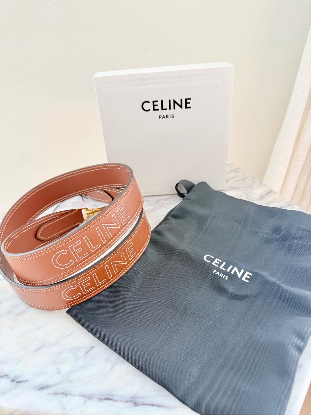 🌟 CELINE Long Bag Strap Smooth Calfskin Leather w/ Logo Embroidery Natural Tan